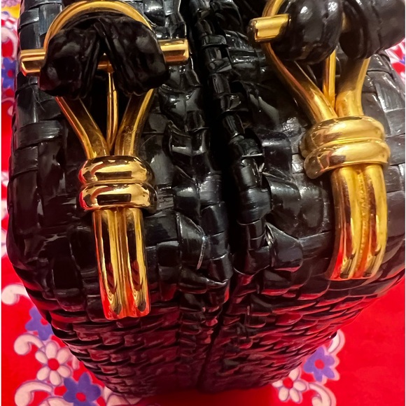 RODO ITALY BLACK HARD WICKER HANDBAG - Picture 3 of 9